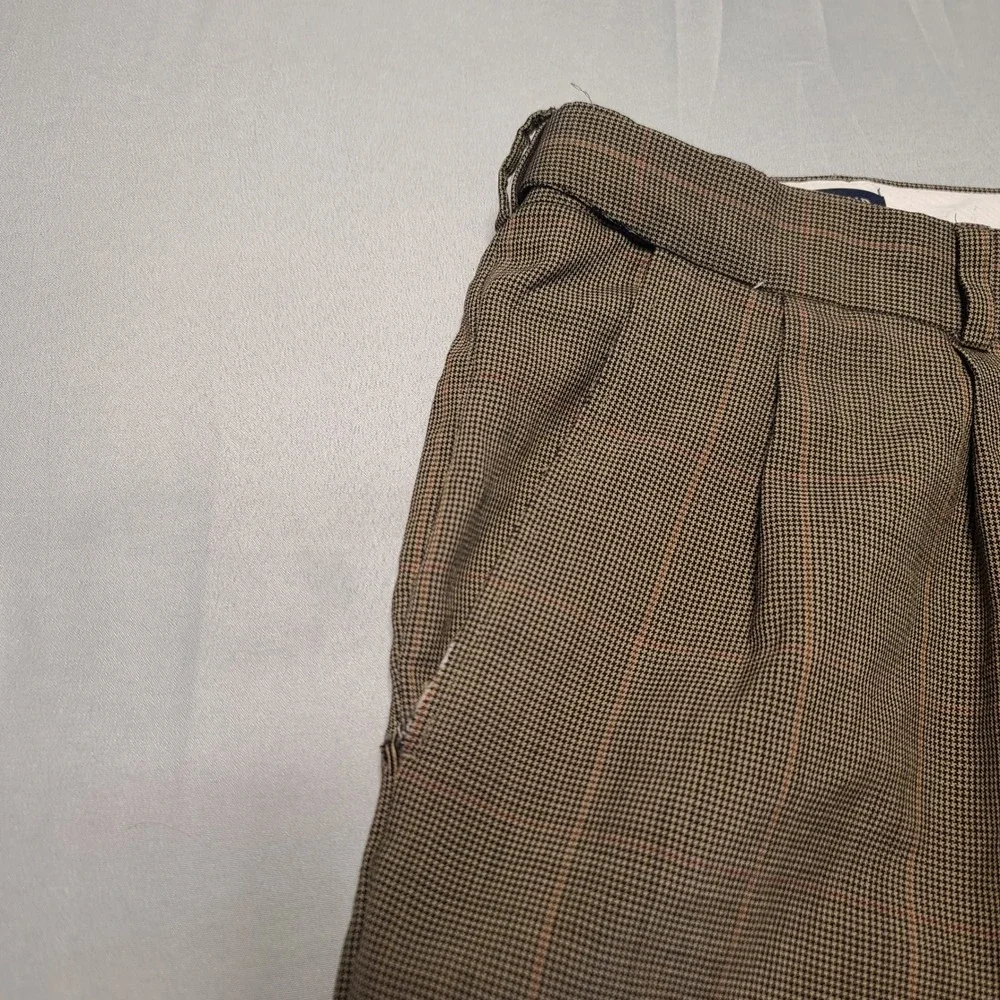 Lands End Dress Pants Mens 40 Brown Houndstooth Wool Pleated Traditional Fit‎